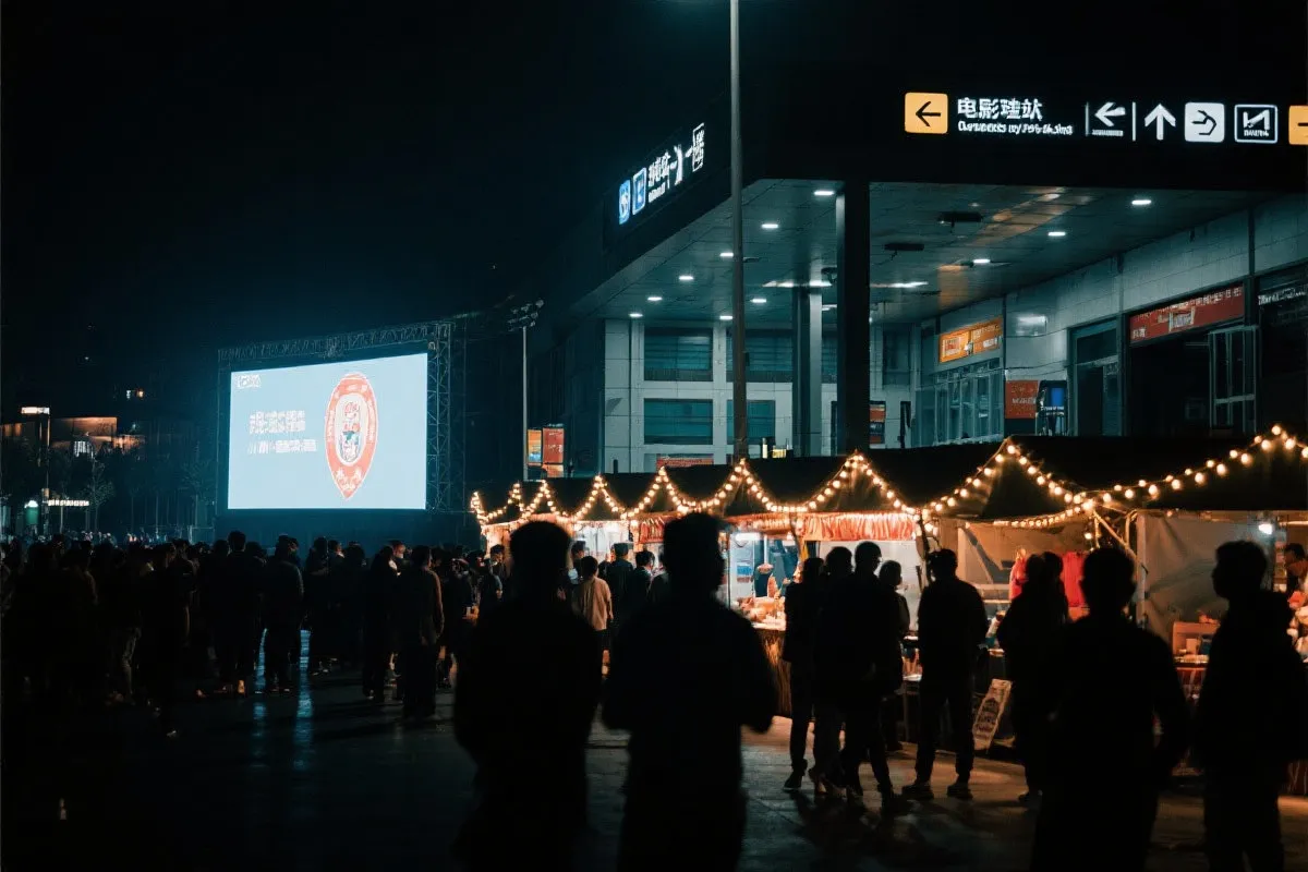 费城球迷广场夜景：大屏观赛人群、步行指示牌与公共交通入口